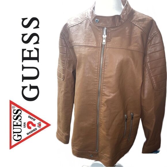 Guess Men’s Brown Faux Leather‎ Biker Moto Jacket - Size XL - Picture 1 of 3